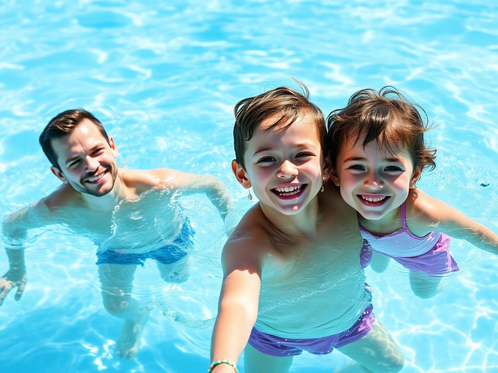 Família aproveitando a piscina tratada por ionização